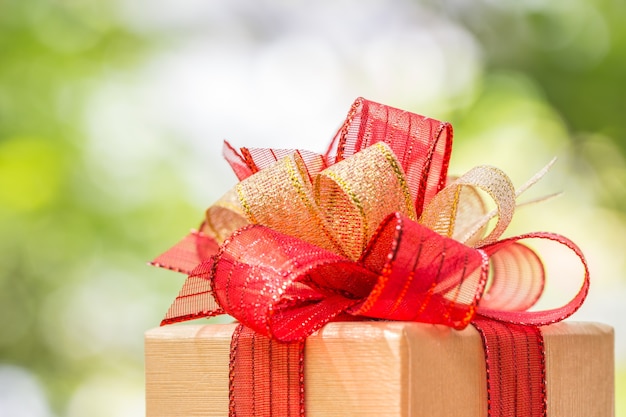 Gift box tied with gold and red ribbon