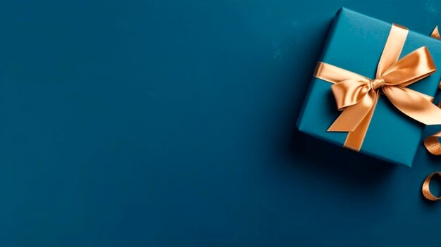 Верхний вид подарочной коробки Элегантная синяя подарочная коробка с золотым луком на темно-синем фоне Копирование пространства Генеративный ИИ