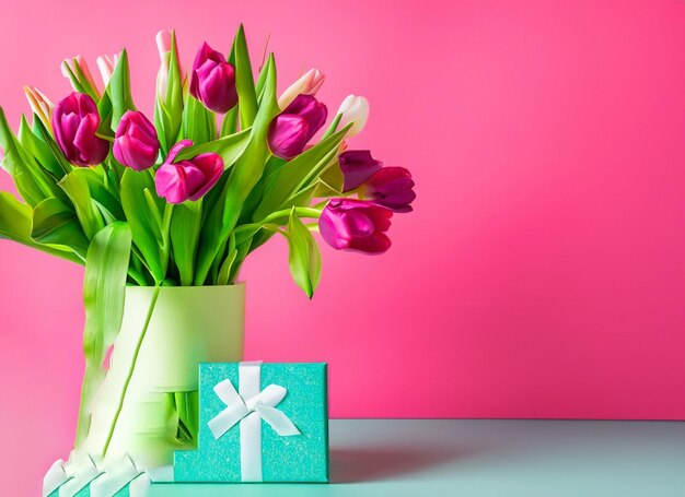 gift box and tulip against gradient background