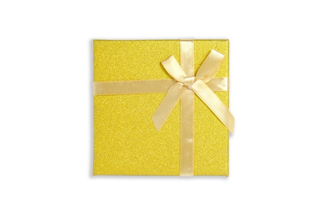 Gift box white background is tied with yellow ribbon with bow