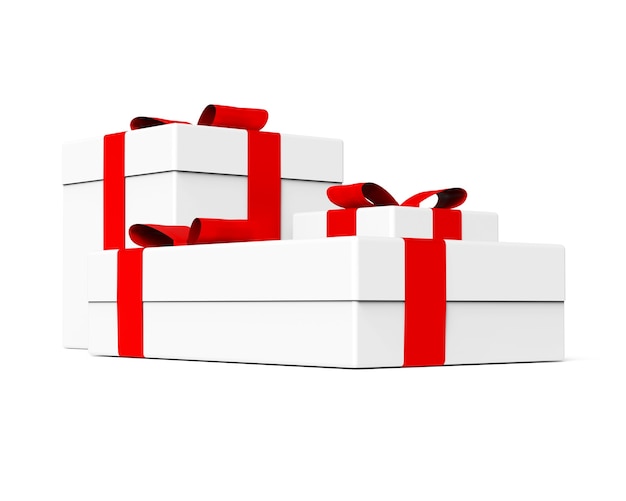 Gift box in white color with red ribbon and bow on a white background Set of three objects