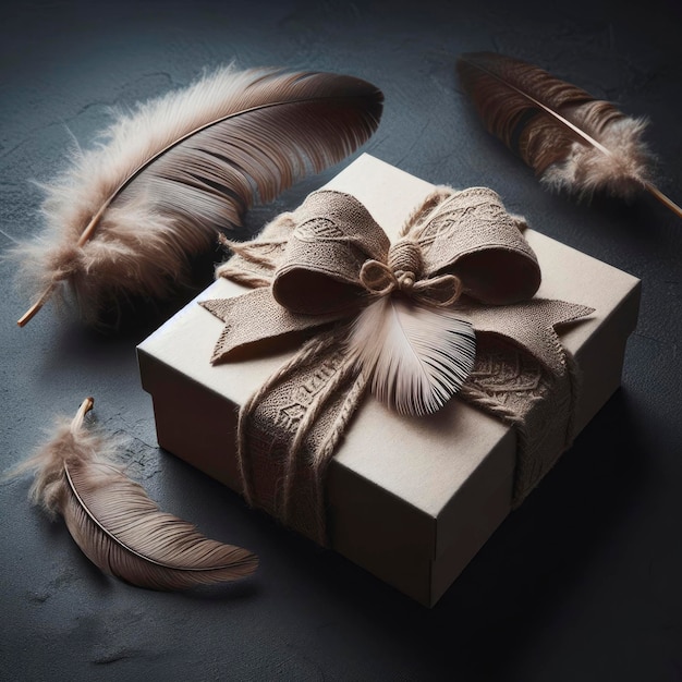 Фото Подарочная коробка с красивой лентой на темном фоне с перьями