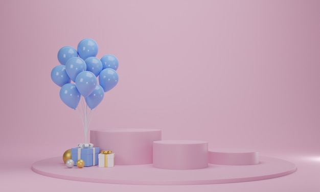 Gift box with balloon and circle podium on pink pastel background. Abstract celebration platform scene. 3d rendering