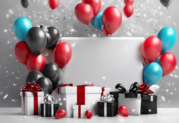 Gift box with balloons birthday concert or black friday discounts
