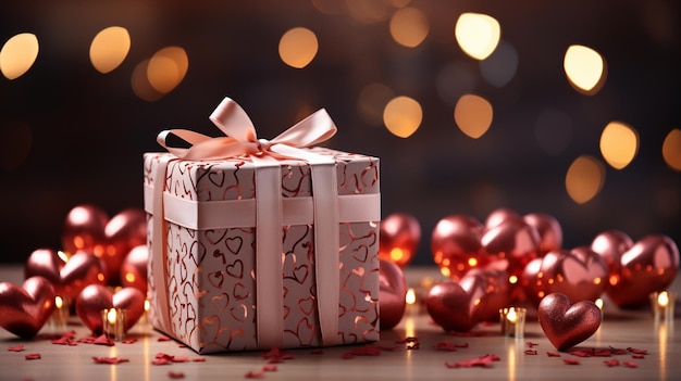 Gift box with beautiful heart on blurred lights background valentines day celebrationgenerative ai