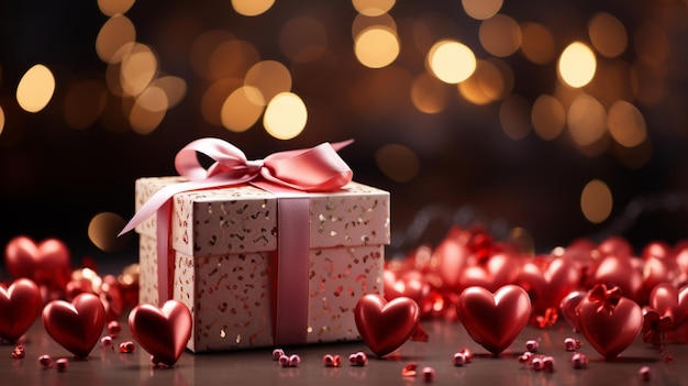 Подарочная коробка с красивым сердцем на размытом фоне огней празднование дня святого валентинаgenerative ai