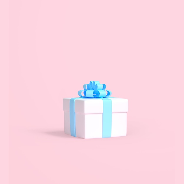 Gift box with blue ribbon on pastel pink background for copy space 3D render illustration