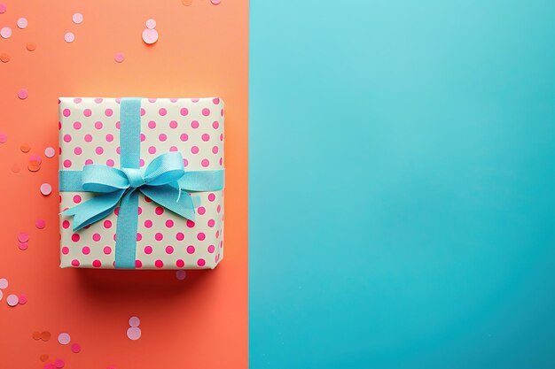 Photo gift box with a blue ribbon on a vibrant split background