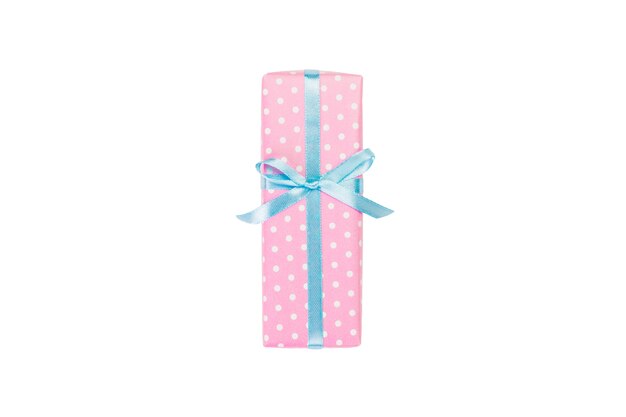 gift box with blue ribbon on white. Flat lay