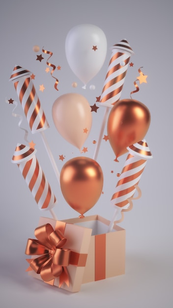 Фото Подарочная коробка с бантом и воздушными шарами 3d визуализации