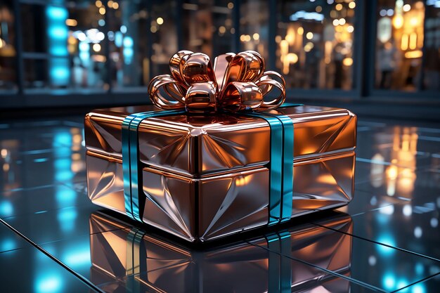 Photo gift box with bow on the background of bokeh effect generative ai