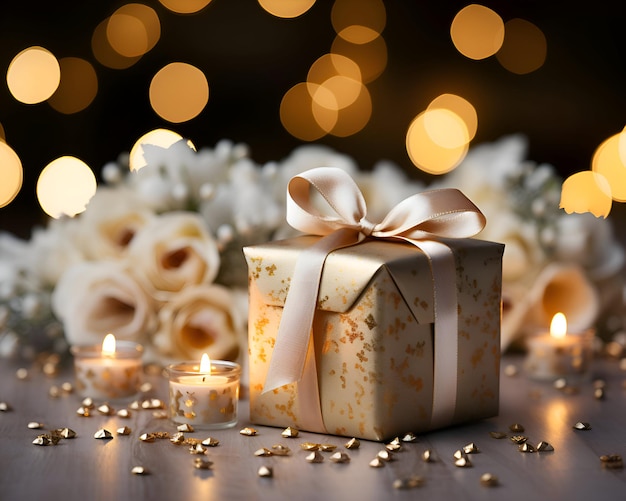 Gift box with bow candles and flowers on bokeh background