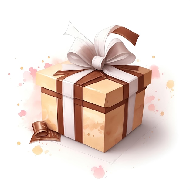 Gift box with bow and ribbon on white background in watercolor style