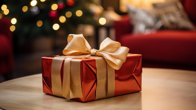 Photo gift box with bow on table with blurred lights