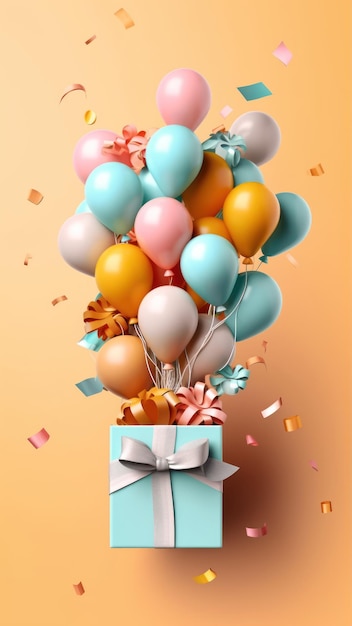 A gift box with a bunch of balloons on it and a ribbon that says happy birthday.