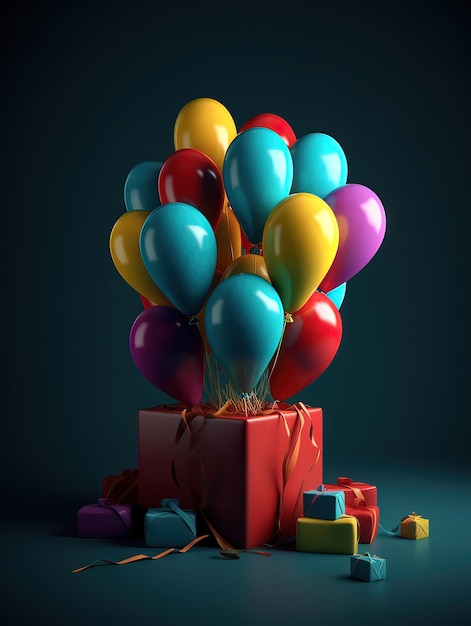 A gift box with a bunch of balloons tied to it