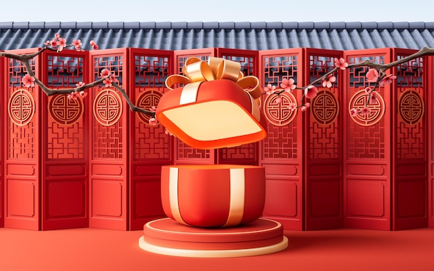 Gift box with Chinese ancient background 3d rendering