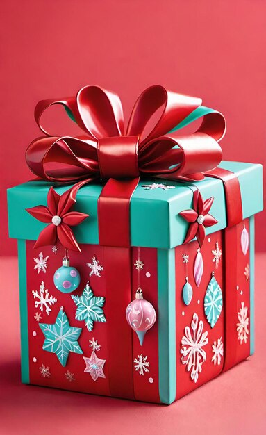 Gift box with Christmas decoration on red background