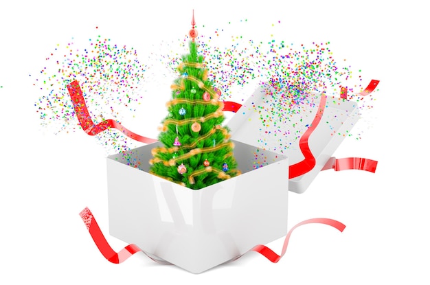 Gift Box with Christmas Tree inside New Year and Xmas concept 3D rendering