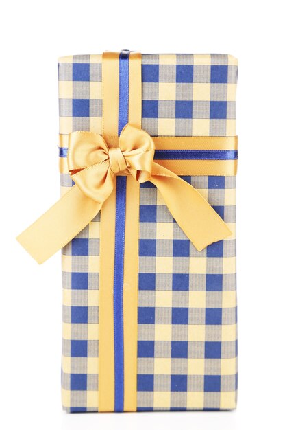 Gift box with colorful ribbon isolated on white surface