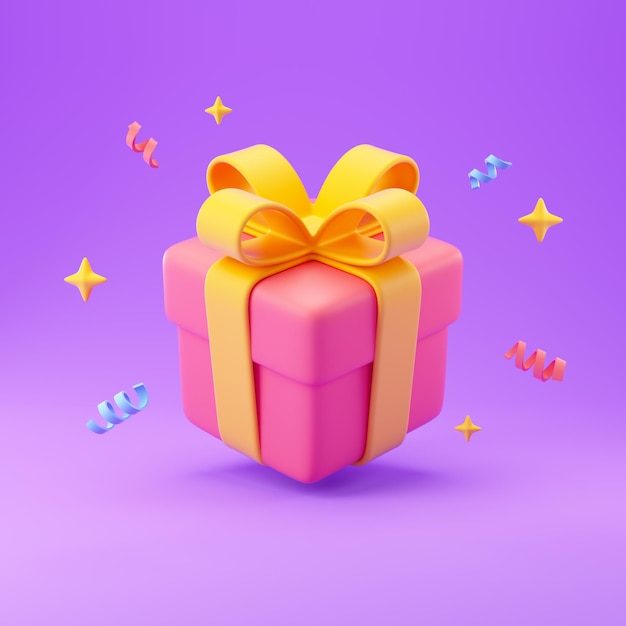 Gift box with confetti 3d rendering illustration.