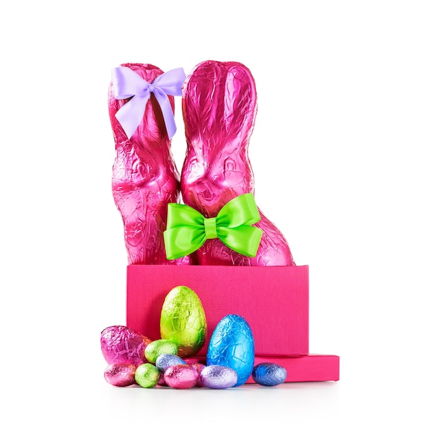 Gift box with easter eggs and bunnies