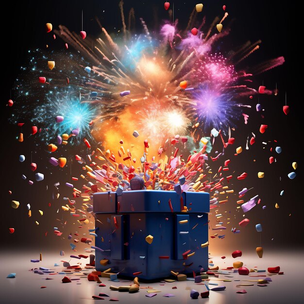 a gift box with fireworks and a box with a fireworks display in the background