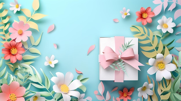 Gift Box with Floral Paper Art on Blue Background
