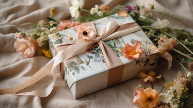 A gift box with flowers on it sits on a table.