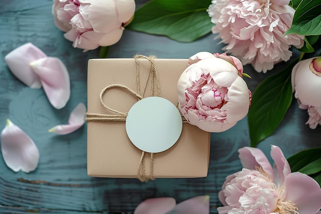 Photo gift box with flowers with a round postcard mockup