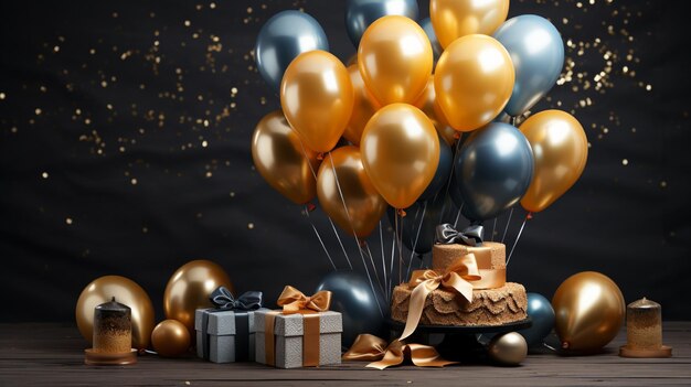 a gift box with gold balloons and a gift box with a gift box with a gift