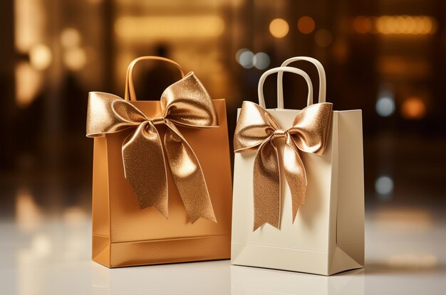 Photo gift box with gold bow on bokeh lights background