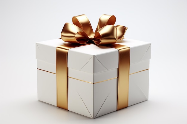 Подарочная коробка с золотым бантом на белом фоне 3D рендеринг