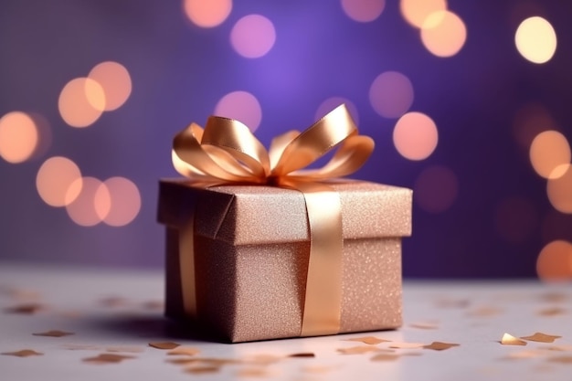 A gift box with a gold ribbon on it and a purple background.