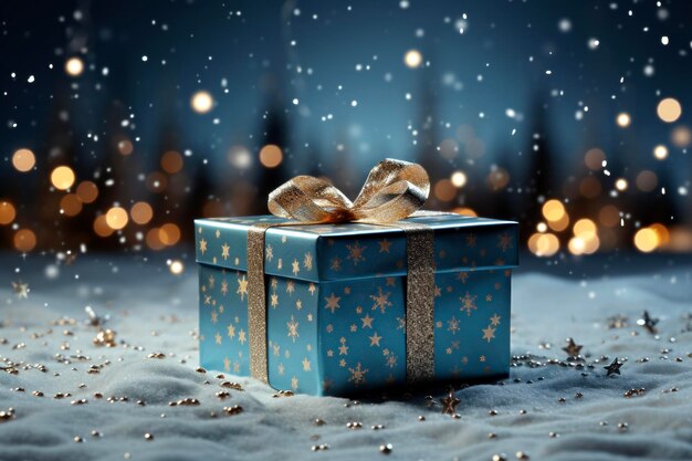 Gift box with golden bow on snowy background Christmas and New Year concept