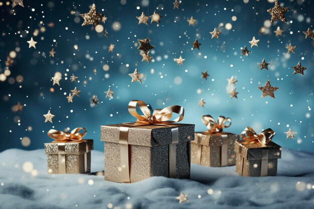 Gift box with golden bow on snowy background Christmas and New Year concept