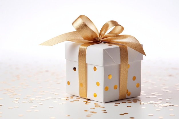 Gift box with golden bow on white background