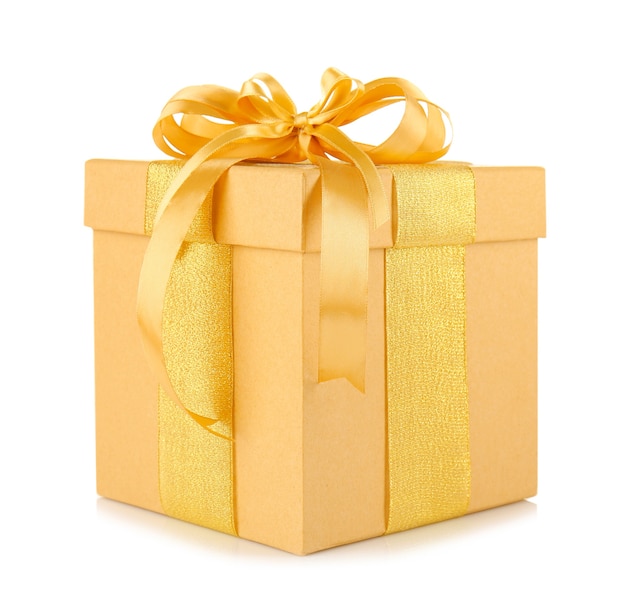 Gift box with golden ribbon bow isolated  background