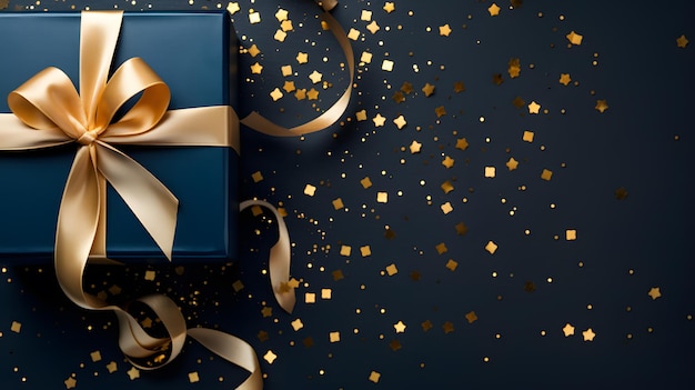Gift box with golden ribbon and confetti on black background