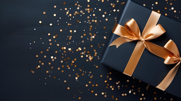 Gift box with golden ribbon and confetti on black background