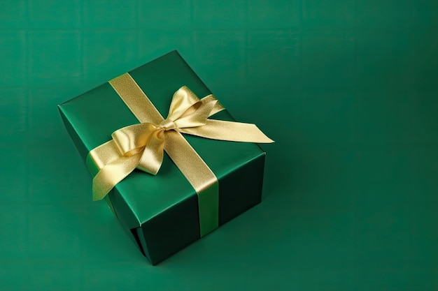 Gift box with golden satin ribbon and bow on green background Generative AI