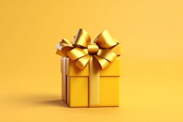 Gift box with golden satin ribbon and bow on yellow background Holiday gift with copy space generative ai