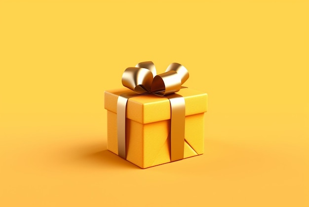 Gift box with golden satin ribbon and bow on yellow background Holiday gift with copy space generative ai