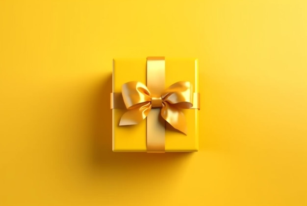 Подарочная коробка с золотой атласной лентой и бантом на желтом фоне Праздничный подарок с копией пространства генеративный ai