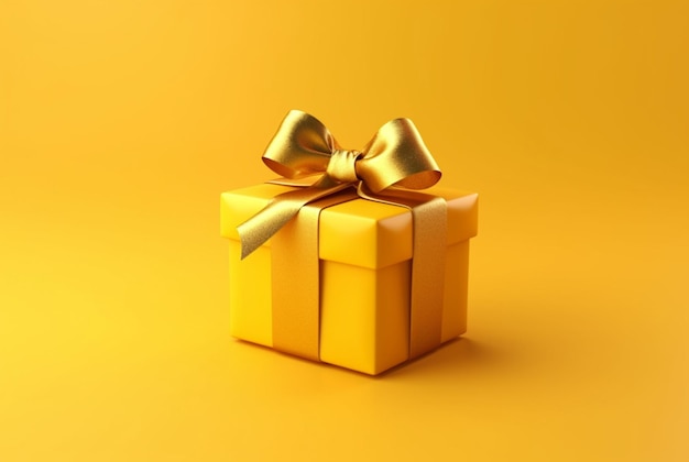 Gift box with golden satin ribbon and bow on yellow background Holiday gift with copy space generative ai