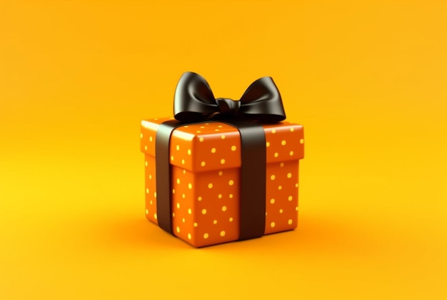 Gift box with golden satin ribbon and bow on yellow background Holiday gift with copy space generative ai