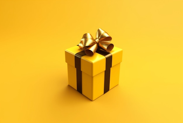 Gift box with golden satin ribbon and bow on yellow background Holiday gift with copy space generative ai