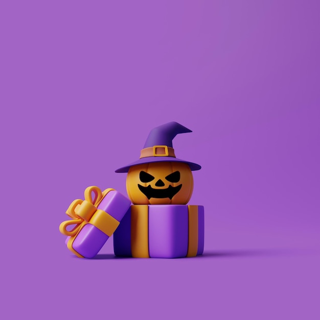 Gift box with Halloween Jack o Lantern pumpkin wearing witch hat on purple background 3D render