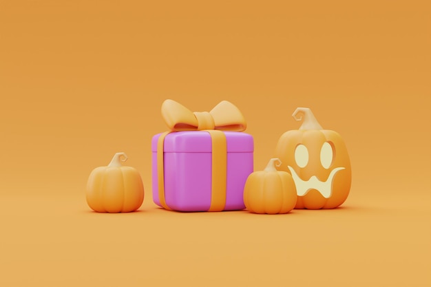 Gift box with Halloween JackoLantern pumpkins on yellow background traditional october holiday 3d rendering