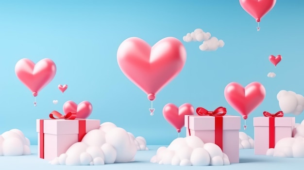 Gift box with heart balloons floating in the sky happy Valentine39s day copy space generative AI